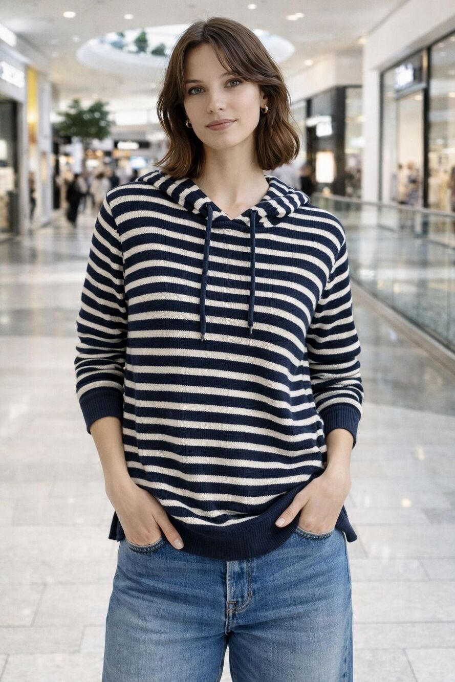 Binghamton Sweater Womens XL Navy White Striped Hooded Knit Pullover Lightweight